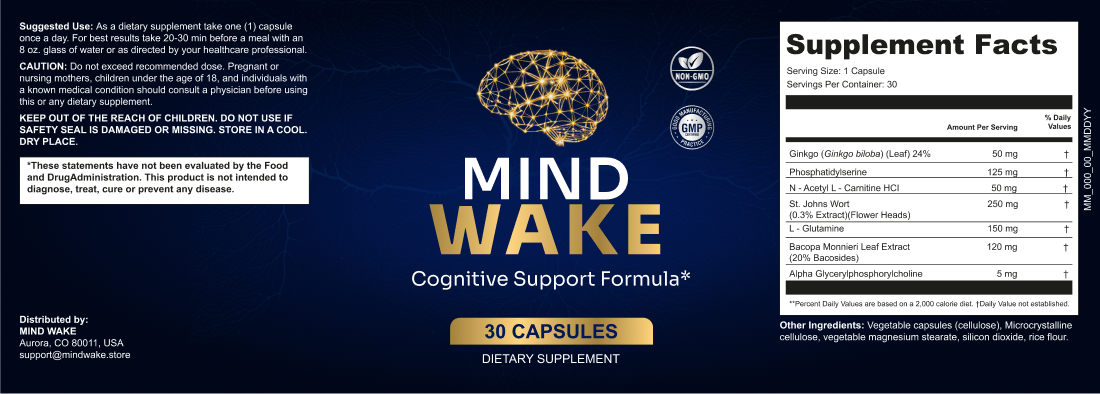 MindWake — full product label including ingredients, Supplement Facts and manufacturer information